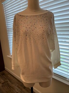 Liquid by Siomi White Jeweled Rounded Neck Top with Multicolor Rhinestones.